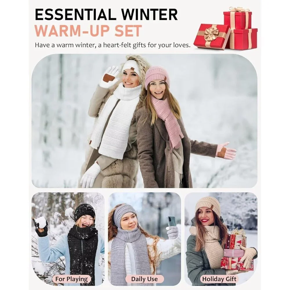 Women Winter Beanie Scarf Gloves Headband Set Knit Warm 4 Piece Gift White